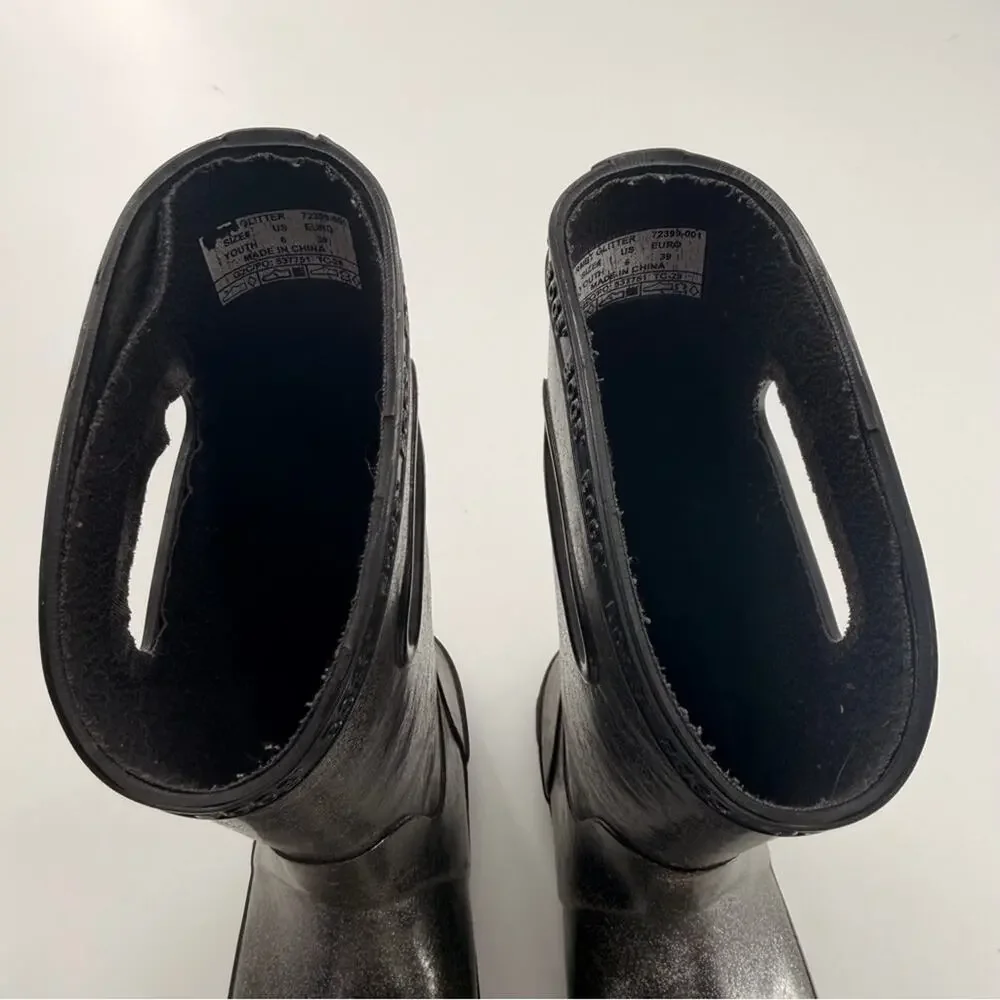 Bogs Girls Black Silver Glitter Rain Boots Size 6 Youth Waterproof